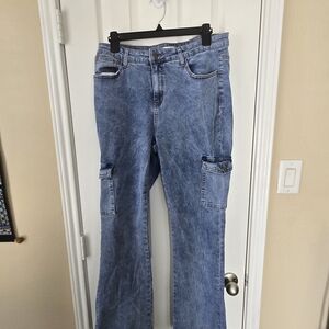 Women's Light Blue Flare Cargo Jeans